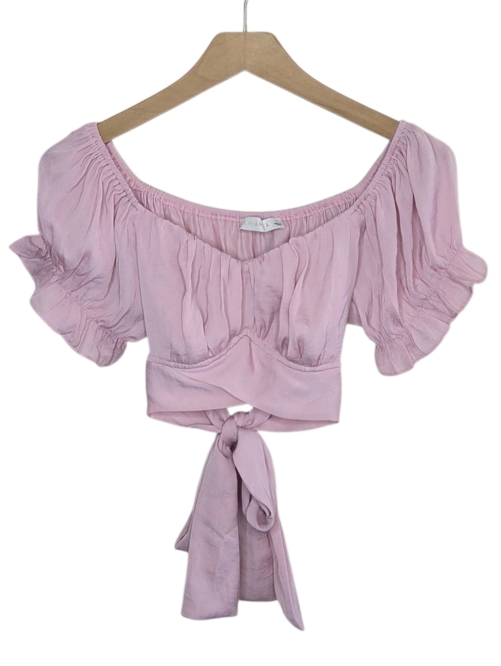 O. Vianca Blush Pink Puff Sleeve Cropped Blouse Tie Back Size Large Feminine